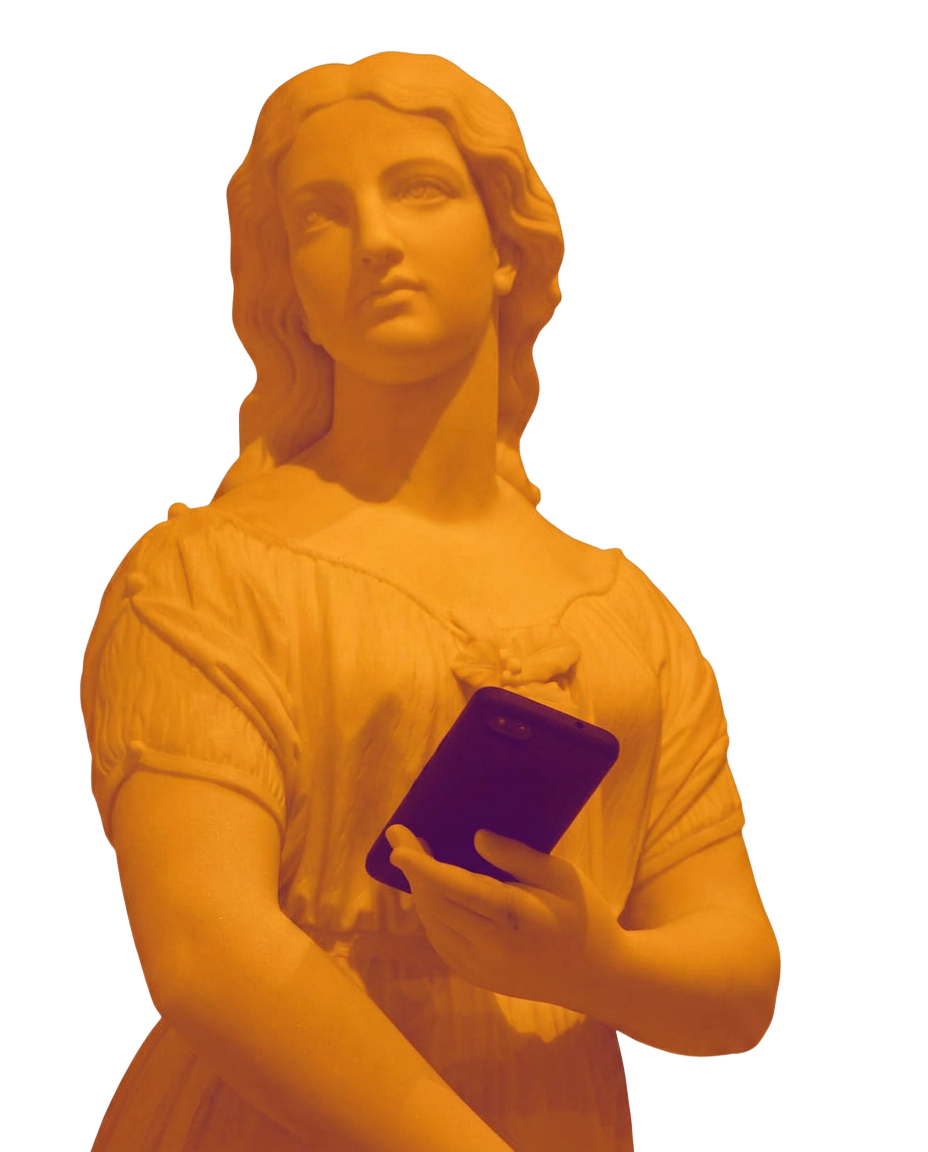 Statua classica che tiene uno smartphone: il classico incontra le nuove intelligenze artificiali